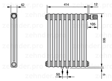 Схема (чертеж) Радиатор Zehnder Charleston 2090/9 №V008 Белый глянцевый RAL 9016